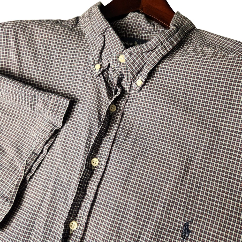 Polo Ralph Lauren Mens Short Sleeve Button Down Shirt Navy Blue Check Pony Logo